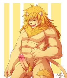 anthro balls blonde_hair brown_nose chest_tuft feline fur furry hair humanoid_penis lion male male_only mammal muscles nude penis pubes rabbity solo tuft