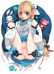 blonde_hair blue_eyes blush boots dress female flower granado_espada highres long_hair no_panties open_mouth penguin_caee pussy sitting smile solo spread_pussy stuffed_animal teeth toy uncensored underwear valleria_(granado_espada)