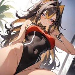 ai_generated blue_eyes bracelets dehya_(genshin_impact) ear genshin_impact ministro one-piece_swimsuit shirt swimsuit