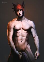 1boy abs bara biceps league_of_legends looking_at_viewer male male_nipples male_only male_pubic_hair muscular_male nipples nude pecs penis red_hair riot_games scar sett varuslunam