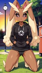 1girls 2024 ai_generated anthro ass_visible_through_thighs black_clothing black_eyeshadow blush brown_fur cameltoe clothed clothed_female digitigrade emo eyeshadow female female_focus female_only generation_4_pokemon hands_in_pockets hi_res hood_down hoodie kneeling looking_at_viewer lopunny nintendo on_ground on_knees outdoors panties pink_eyes pokemon pokemon_(species) rabbit sunset thick_thighs unamused