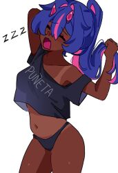 arms_behind_head arms_up belly_button brujita0415 chubby dark_skin eyeshadow grabbing_hair horns makeup multicolored_hair off_shoulder panties pink_hair pink_horns purple_hair sleepy tagme thighs tired yawn yawning