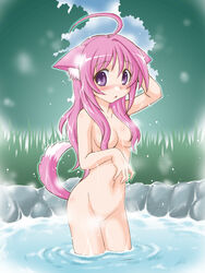 ahoge animal_ears blush breasts censor_hair convenient_censoring dog_days dog_ears dog_tail female hair human long_hair looking_at_viewer millhiore_f_biscotti navel nishi_kita nude pink_hair purple_eyes solo wet