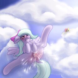 2014 anus being_watched biting_lip blush bow cloud day duo equine female feral flitter_(mlp) fluttershy_(mlp) friendship_is_magic hair horse lying mammal masturbation my_little_pony on_back outdoors pegasus pony pussy pussy_juice smokedpone spread_legs spreading wings