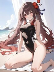 ai_generated beach genshin_impact hu_tao_(genshin_impact) long_hair ministro one-piece_swimsuit red_eyes swimsuit twintails