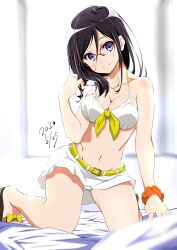 ass_visible_through_thighs bare_arms bare_belly bare_legs bare_shoulders bare_thighs bed bed_sheet belly_button belt bikini black_hair blue_eyes blush body_blush breasts cleavage closed_mouth collarbone feet glasses hibike!_euphonium holding_own_hair long_hair medium_breasts on_knees sandals smile tanaka_asuka thighs tsuji643163271 white_bikini