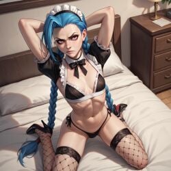 ai_generated angry annoyed blue_hair braids fishnets hands_behind_head high_heels jinx_(league_of_legends) kneeling league_of_legends macorony maid maid_headdress maid_uniform pink_eyes thong