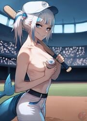 ai_generated baseball baseball_bat baseball_cap bombalurina_ai convenient_censoring gawr_gura hololive hololive_english pants shark_girl shark_tail sharp_teeth small_breasts smirk stadium topless virtual_youtuber white_hair