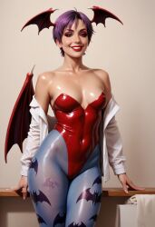 ai_generated bat_wings civitai darkstalkers head_wings leotard lilith_aensland panviewai pinup purple_hair red_eyes short_hair stockings succubus thighs wings