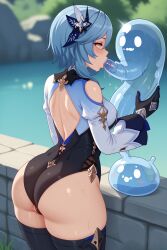 ai_generated ass backless_outfit blowjob blue_hair blurry_background breasts clothing eula_(genshin_impact) fellatio genshin_impact huge_ass medium_breasts pussy_juice slim slime_(genshin_impact) slime_(substance) slime_in_mouth slime_monster stockings sweat tight_ass