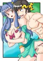 blush bra clothing dress female human large_breasts male panties panty_pull ranma_1/2 ray-d-sauce ryoga_hibiki shampoo_(ranma_1/2) straight