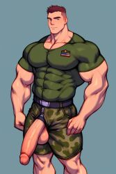 ai_generated big_balls big_penis gay looking_at_viewer male_only massive_cock massive_penis massive_thighs military mostly_clothed muscular muscular_male open_clothing penis penis_out shredded_muscles solo solo_male standing tight_clothing