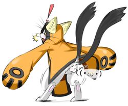 ! anus b0s1i6 balls blush clothing cute feline hindpaw japanese_text jubei_(blazblue) kemono male male_only mammal paws pixiv plain_background shaking smiley solo standing sweat text white_background