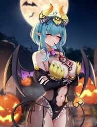 1girl blue_hair commission crossed_arms demon_tail drinking_blood female hime_tyan_art horns large_breasts moon navel original pointy_ears pumpkin see-through vampire virtual_youtuber vtuber wings