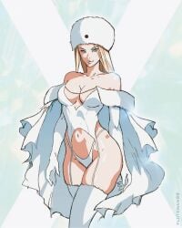 blonde_female blonde_hair blue_eyes breasts cleavage curvy curvy_figure emma_frost female female_only fluteman88 garter_straps large_breasts lingerie marvel marvel_comics snow_hat thick_thighs white_queen wide_hips x-men