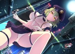 bare_belly bare_legs bare_thighs belly_button belt big_breasts breasts cleavage closed_mouth gloves green_hair handcuffs hat hikage_(senran_kagura) marvelous official_art panties panties_under_skirt police_hat police_uniform policewoman senran_kagura senran_kagura_new_link short_hair skirt thick_thighs thigh_strap thighs white_gloves yaegashi_nan yellow_body