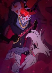 2boys angel_dust angel_dust_(hazbin_hotel) anthro arachnid arthropod balls bodily_fluids chained chains crying demon dominant dominant_male dripping duo femboy fur genital_fluids genitals hazbin_hotel hi_res male sexual_assault valentino_(hazbin_hotel)