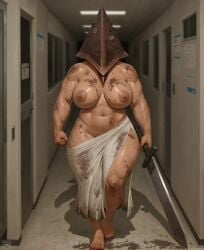 1girls ai_generated big_breasts breasts curvy female female_only female_pyramid_head great_knife grey_skin huge_breasts humanoid indoors konami mature monster muscular muscular_female nipples nude pyramid_head rule_63 scars silent_hill silent_hill_2 solo text thick_thighs villainess voluptuous weapon wide_hips