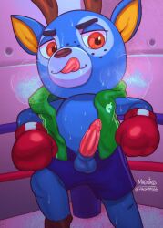 2020 animal_crossing antlers balls bam_(animal_crossing) blue_body blue_fur boxing_gloves boxing_ring deer furry jacket jacket_open licking_lips magnta male male_focus male_only nintendo penis red_eyes shorts tongue tongue_out