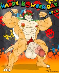 1boy absurd_res anthro bodily_fluids bowser bowser_day dragon feral genitals hi_res horn humanoid lizard male male_focus male_only mario_(series) muscular mythological_creature mythological_scalie mythology nintendo nude penis piercing pubes reptile scalie shell solo sondinker_fazbear's sweat tortoise turtle