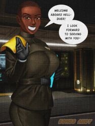 1girls bombs_ah0y buzz_cut clothed dark-skinned_female dark_skin english_text female helldivers helldivers_2 large_breasts military military_uniform ship_master_(helldivers) solo text