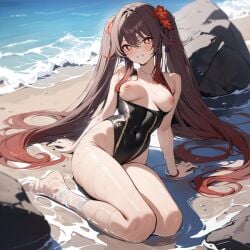 ai_generated beach breasts genshin_impact hu_tao_(genshin_impact) long_hair ministro nipples one-piece_swimsuit red_eyes swimsuit twintails water wet