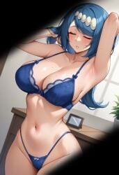 1girls ai_generated big_breasts blue_eyes blue_hair bra breasts cleavage female freckles freckles_on_face gastkeser82 huge_breasts human_only keyhole_view lana's_mother_(pokemon) large_breasts lingerie mature_female milf mommy navel panties peephole peeping pokemon spying spying_on_mom spying_pov stomach sweat sweatdrop sweating underwear underwear_only undressing voluptuous voyeur voyeurism