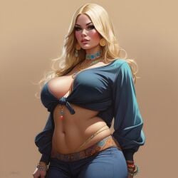 1girls 70's_theme ai_generated blonde_female blonde_hair female hippie huge_breasts pornpen solo white_skin wide_hips