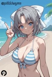 ai_generated bangs bare_shoulders beach bikini blue_eyes blue_sky blush bow breasts cleavage closed_mouth cloud collarbone day female grey_hair hairbow large_breasts looking_at_viewer navel ocean outdoors pikkiwynn senran_kagura short_hair sky smile solo stomach striped striped_bikini swimsuit upper_body v white_bow yumi_(senran_kagura)