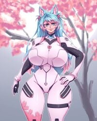 1girls big_breasts blue_eyes breasts cleavage curvy female female_only fully_clothed hand_on_hip huge_breasts indie_virtual_youtuber looking_at_viewer n647 neon_genesis_evangelion pilot_suit plugsuit silvervale solo thick_thighs virtual_youtuber white_bodysuit wide_hips wolf_ears wolf_girl