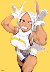 bodysuit boku_no_hero_academia brown_eyes bunny_ears dark-skinned_female fit_female gloves light-skinned_female looking_at_viewer mirko miruko muscles muscular_female my_hero_academia rabbit_ears rumi_usagiyama simple_background stayaliveplz teeth teeth_showing white_hair yellow_background