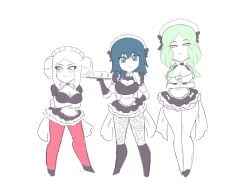 3girls alternate_costume bearbuckscoffee blue_eyes boots breasts byleth_(fire_emblem) byleth_(fire_emblem)_(female) cleavage cleavage_cutout edelgard_von_hresvelg female female_only fire_emblem fire_emblem:_three_houses full_body green_eyes green_hair heart heart_cutout large_breasts leggings long_hair maid multiple_girls nintendo own_hands_together pantyhose rhea_(fire_emblem) short_hair standing teal_hair white_background