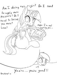 2014 alicorn anus ass black_and_white book dialog english_text equine female feral friendship_is_magic horn horse macro magic mammal micro monochrome my_little_pony pony ponythroat pussy rainbow_dash_(mlp) sitting text twilight_sparkle_(mlp) wings