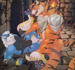 alternate_color anal anal_sex anthro arcanine belzaurus_(artist) bulge dungeon duo feet felid foot_fetish foot_lick foot_play generation_1_pokemon hi_res licking lying male male/male mammal muscular nintendo on_back pantherine pawpads penetration pokemon pokemon_(species) smile spread_legs spreading tiger tongue