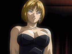 00s 1futa 2002 animated anime_screenshot bare_shoulders bible_black bible_black_night_of_the_walpulgiss blonde_hair blue_eyes bustier collarbone cross cross_earrings earrings female grin implied_futanari implied_sex jewelry kitami_reika lipstick makeup nurse school_nurse short_hair smile tagme witch
