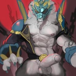 abs anthro armor borisin borisin_(species) canid canine digital_drawing_(artwork) digital_media_(artwork) erection foreskin fur genitals hi_res honkai:_star_rail hoolay_(honkai:_star_rail) kogito male male_only mihoyo nipples pecs penis solo standing