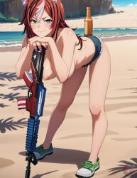 1girls ai_generated american_flag ar-15 ar15 assault_rifle balancing beach beer beer_bottle bent_over blue_eyes bomba(ai) bombalurina_ai breasts day fox_ears green_eyes gun hair_between_eyes heterochromia large_breasts leaning_forward long_hair oc outside painted_nails red_hair sagging_breasts sand sandles smirk solo stable_diffusion standing star_(symbol) streaked_hair sunlight topless two_tone_hair water