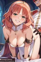 1boy 1girls ai_generated big_breasts celica_(fire_emblem) choker doggy_style dress female fire_emblem gloves green_eyes male omega-weirdo patreon red_hair smile submissive