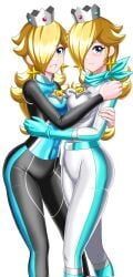 2_bodysuits 2girls big_breasts big_thighs blonde_hair blue_eyes bodysuit breasts breasts_pressed_against_partner breasts_pressed_together brooch clone crown duo earrings female female_only gloves hair_over_one_eye hug hugging irohazakayouth light-skinned_female light_skin long_hair looking_at_viewer mario_(series) mario_and_sonic_at_the_olympic_games mario_kart nintendo one_eye_obstructed princess_rosalina racing_suit scarf selfcest skin_tight smile square_crossover star_earrings thighs tight_clothing wetsuit white_background wide_hips