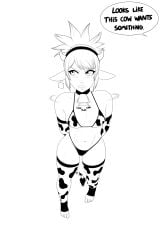 1female 1girls bikini black_and_white cow_bikini cow_ears curvy dota_2 hair horns marci redboard short_hair white_background