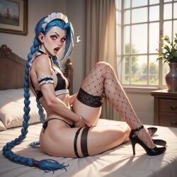 ai_generated blue_hair braids fishnets high_heels jinx_(league_of_legends) league_of_legends macorony maid maid_headdress maid_uniform masturbation pink_eyes thong