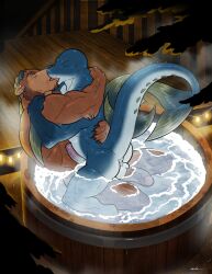 anthro anus bear closed_eyes duo fish french_kissing genitals hi_res hot_tub hug kissing male male/male mammal marine muscular partially_submerged penis scombrid scombriform tongue tongue_out tuna wfa