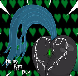 2014 anthro apple_butt ass bent_over black_fur changeling cum cum_on_ass cumdrip english_text female friendship_is_magic glow heart holidays jrvanesbroek my_little_pony presenting presenting_hindquarters pussy queen_chrysalis_(mlp) smooth_skin text valentine's_day