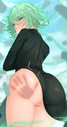 1girls big_ass big_butt bottomless clothed clothed_female dress_only exposed_pussy female green_hair light-skinned_female light_skin looking_at_viewer one-punch_man pinkius pussy shocked spank_mark spanked spanked_ass spanked_butt tatsumaki thick_ass thick_thighs