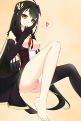 ara_haan black_hair blush breasts breasts_out elsword female long_hair looking_at_viewer nipples no_panties pussy smile solo toes uncensored yellow_eyes