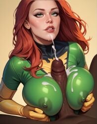 ai_generated busty clothed_female_nude_male cum cum_on_face dark-skinned_male dark_skin ejaculation ejaculation_between_breasts erection green_eyes huge_cock huge_penis interracial jean_grey marvel marvel_comics nipples_visible_through_clothing paizuri penis phoenix phoenix_(x-men) red_hair redhead superheroine tight_clothing x-men