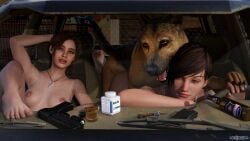 1animal 1boy 2girls 3d all_fours alternate_hairstyle areolae barefoot beer big_breasts blue_eyes breasts brown_hair busty canine capcom car cg claire_redfield claire_redfield_(jordan_mcewen) color colored completely_nude completely_nude_female curvy curvy_body curvy_female daz_studio domestic_dog domination driigon exposed_breasts feet feral feral_on_female foot_fetish from_behind german_shepherd gun human inside_car interspecies large_breasts legs moira_burton naked nipples nude nude_female outdoors pale_skin pale_skinned_female pinned pistol resident_evil resident_evil_2 resident_evil_2_remake resident_evil_revelations_2 sex short_hair teenager toes video_games younger_female zoophilia