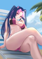 1girls 2d 2d_(artwork) alternate_costume animal_ears beach big_breasts bikini bikini_bottom bikini_top blue_hair bra clouds day estebaneishon1 female female_focus female_only front_view high_resolution highres hourglass_figure latam_virtual_youtuber light-skinned_female light_skin long_hair looking_at_viewer mole mole_under_eye mole_under_mouth outdoors palm_tree panther_girl pink_eyes pink_hair pink_nails revealing_swimsuit shura_hiwa sitting sky slim_girl solo solo_female solo_focus swimsuit thong thong_bikini two_piece_swimsuit two_tone_hair virtual_youtuber vjin vtuber vtuberfanart