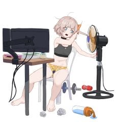 absurdres barefoot blue_eyes bottle breasts carlo_montie character_doll crumpled_paper cum cum_jar desk despicable_me dumbbell electric_fan female full_body grey_sports_bra hatsune_miku highres illumination_entertainment indie_virtual_youtuber jar light_brown_hair marimari_en minion monitor navel open_mouth panties print_panties sex_toy short_hair simple_background small_breasts solo sports_bra sweat tenga tissue_box underwear universal_studios virtual_youtuber vocaloid water_bottle white_background yellow_panties