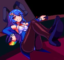 animal_ears ass bare_shoulders blue_hair blush brodall_pixel bunnysuit fake_animal_ears grin high_heels hinanawi_tenshi looking_at_viewer pantyhose pixel_art playboy_bunny red_eyes smile sword_of_hisou tenshi_hinanawi touhou